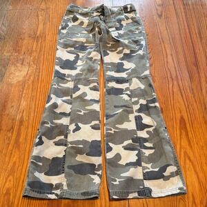 Vintage Y2K One Tuff Babe (OTB) Camo Flare Tie Belt Roll Tab Hem Pants (A0121)